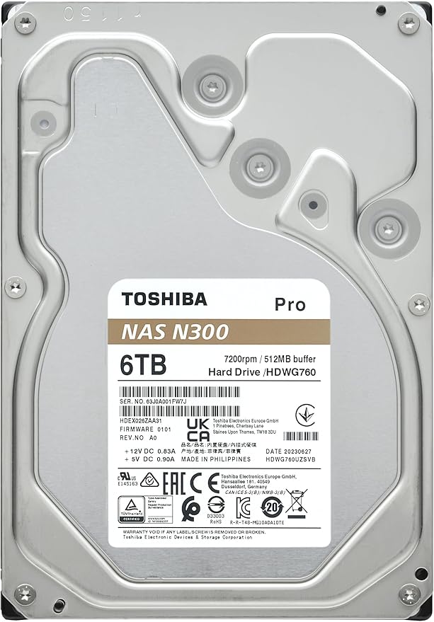 Toshiba N300 PRO 6TB Large-Sized Business NAS (up to 24 Bays) 3.5-Inch Internal Hard Drive - Up to 300 TB/Year Workload Rate CMR SATA 6 GB/s 7200 RPM 512 MB Cache - HDWG760XZSTB