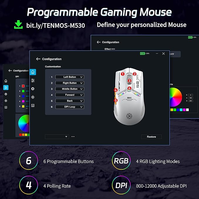 TENMOS M530 Wireless Gaming Mouse, 2.4G/Bluetooth/USB C Wired Rechargeable Mouse, 12000 DPI, RGB, 6 Programmable Buttons, Honeycomb Magnetic Cover, with Receiver Extender for Laptop/PC/Mac, Black