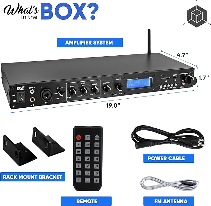 Pyle Rack Mount Studio Pre-Amplifier - Audio Receiver System w/ Digital LCD Display Bluetooth FM Radio Recording Mode Remote Control USB Flash or SD Card Reader Input and Output Jack - PPRE70BT