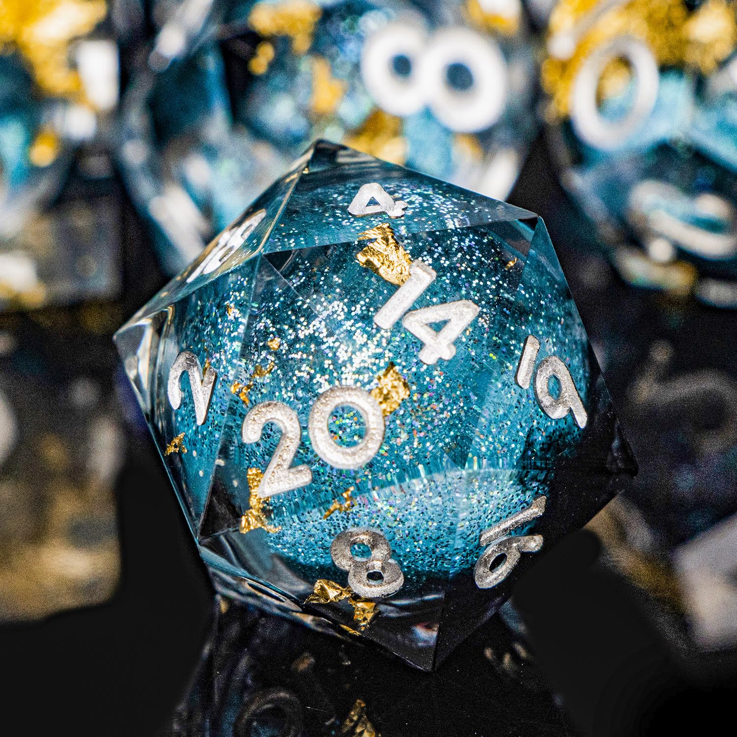 ORIFANTOU DND Dice Blue Liquid Core Dice Set with Metal Box, Handmade Sharp Edge D and D Polyhedral Dice for use with RPG D&D Role Playing Game