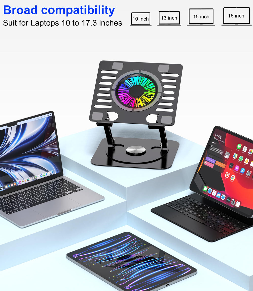 YTech Laptop Stand,with 360°Rotating Base,External Cooling Fan,Adjustable RGB Lighting,Ergonomic Foldable Notebook Computer Holder.Compatible with All 10-17" Laptops Tablets,Black