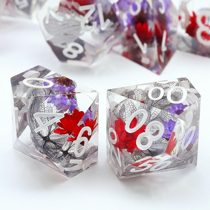 Haxtec Flower DND Dice Set Sharp Edge Dice with Dice Case Handmade Red Purple Floral Resin D&D Dice Set for TTRPGs Compatible with Dungeons and Dragons Gifts
