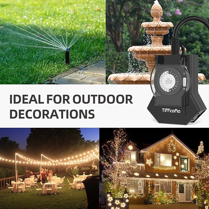 Outdoor Timer Outlet Waterproof, 24 Hour Mechanical Light Timer Outdoor, 2 Grounded Outlets for Home and Garden, 15A 1/2HP, Heavy Duty, ETL Listed (1 Pack)