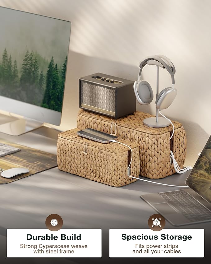BLUEWEST Pack 2 Large Cable Management Box, Wicker Hyacinth Rattan Cable Organizer and Cover with 2 Open Slots and Safety Lock for Under Desk Power Strip, TV Wires, Computer, Router, USB Hubs