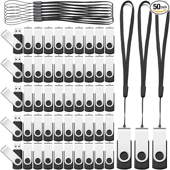 Aoriher 50 Pack USB 2.0 Flash Drives Bulk, Portable USB Thumb Drives with Lanyards, Swivel Flash Drives Thumb Drives for Office School Data Storage (4GB)