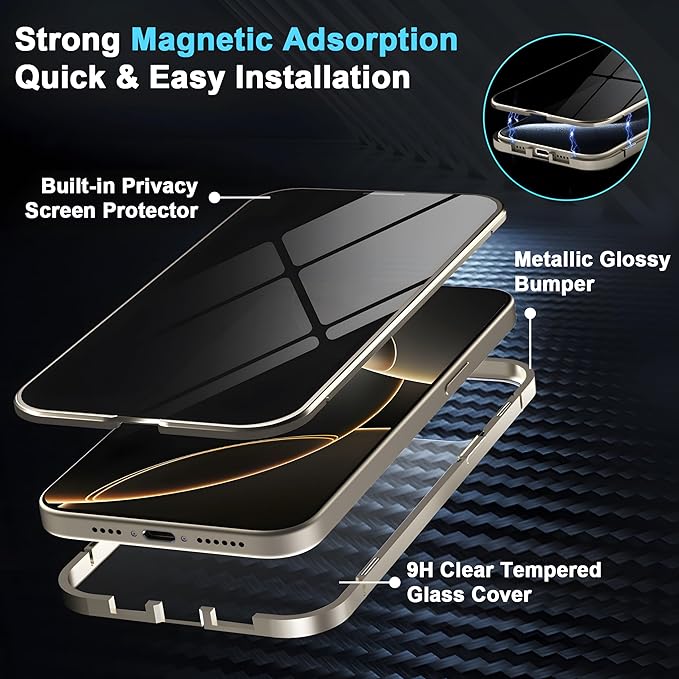 Privacy Magnetic Case for iPhone 16 Pro Max with Metal Titanium Frame Privacy Screen Protector & Camera Lens Protector, Magnetic Adsorption Double Sided Glass Case Anti Peep Anti Spy Phone Cover