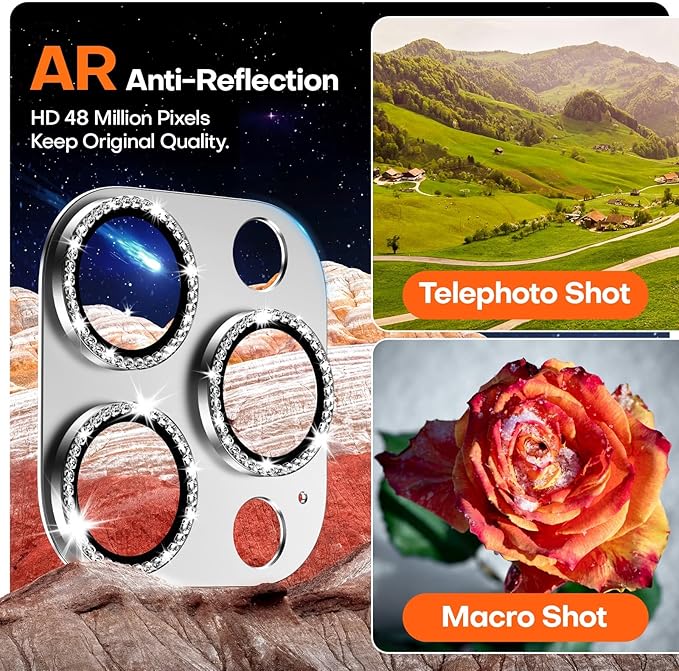 Camera Lens Protector for iPhone 16 Pro Max/16 Pro/15 Pro Max/15 Pro/14 Pro Max/14 Pro, Aluminum Alloy Sapphire Glass Camera Screen Cover, Case Friendly-Silver Diamond