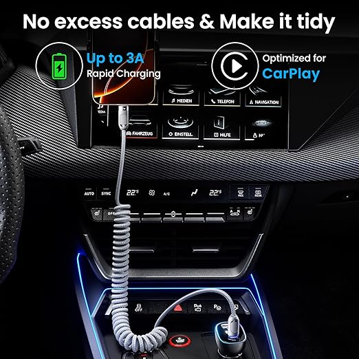 Coiled USB C to USB C Cable 2Pack 3FT Braided Retractable Fast Charging Cable for Car, Compatible with iPhone 16/15 Pro Max/Galaxy S24/S23/S22, Supports Car Play & Android Auto-Grey
