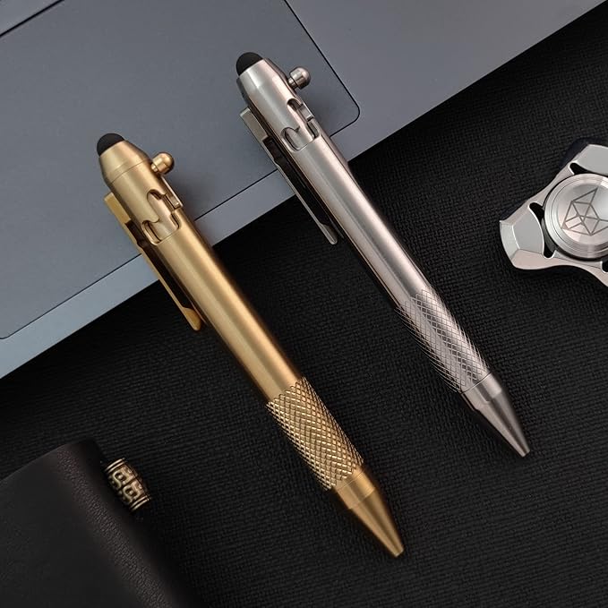 Cool Hand 4.9'' Brass Bolt Action Pen with Retractable Stylus Tip for Any Touch Screen, Ballpoint Ink Refillable, Compact Size, Skelton Out Deep Pocket Clip (Brass)