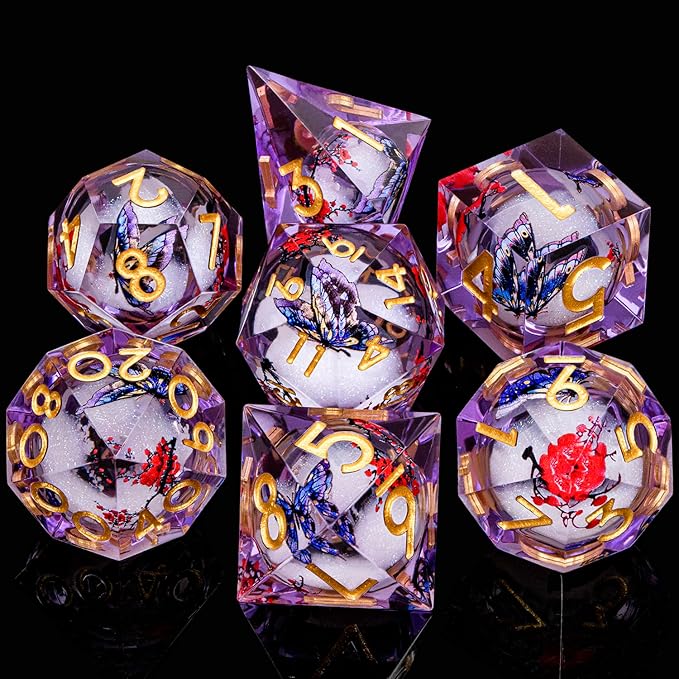Butterfly DND Dice Purple Liquid Core Dice Set with Metal Box, Handmade Sharp Edge D and D Polyhedral Dice for use with D&D Role Playing Game, D20 D12 D10 D8 D6