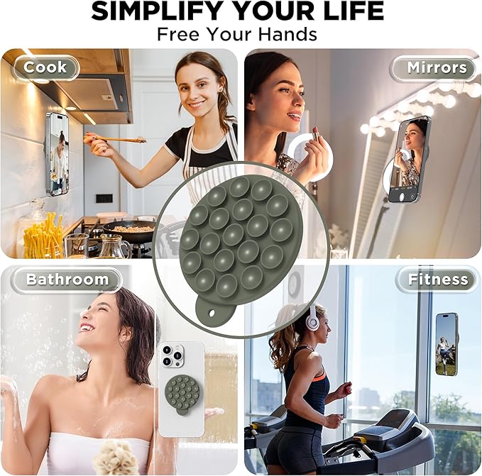 Magnetic Suction Cup Phone Mount for MagSafe Case, Silicone Hands-Free Phone Grip Holder for iPhone and Android, Mirror Shower Phone Stand for Makeup FaceTime Gym Kitchen Bathroom, Olive Green