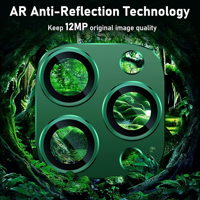 UniqueMe for iPhone 13 Pro/iPhone 13 Pro Max Camera Lens Protector, [Strong Drop Protection] [Not Easy to Fall-off] Metal Ring Tempered Glass Rear Camera Screen Cover, Alpine Green