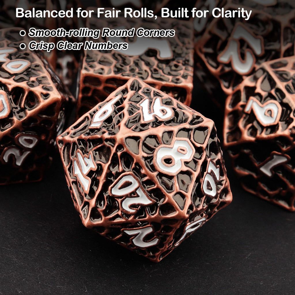 Haxtec Copper Metal DND Dice Set Polyhedral D&D Dice with Leather Dice Bag Compatible with Dungeons and Dragons Gifts TTRPG Antique Style Metal Dice for DND Players Masters