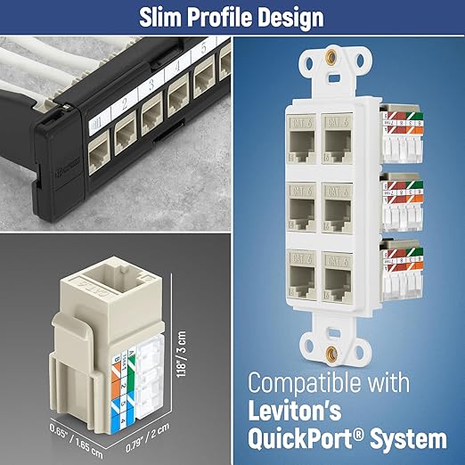 Everest 90° Angled RJ45 Cat6 Keystone Jacks 20-Pack in Ivory - Slim Profile Female RJ45 Connectors - Cat 6 Keystone Jack - Compatible with 90° Angled Speed Termination Tool - easyJACK (B094WB91H3)