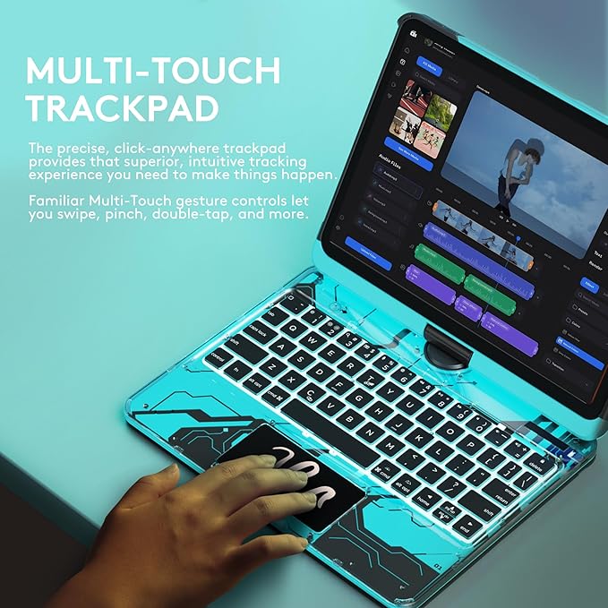 GUSGU Transparent Case with Wireless Keyboard for iPad 11th Gen 11-in.(A16, 2025), 2022 iPad 10th Gen 10.9-in, 7 Colors Backlight, Trackpad, 360°Rotating Stand, Tech Style
