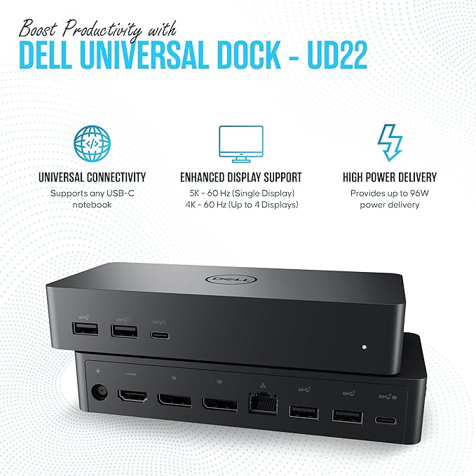 UD22 Dell Universal Docking Station USB-C/USB-A Supports Dual/Triple & 4 Monitors – Dock with 130W, HDMI, DisplayPort Cables & Cleaning Cloth – 4K Display Support