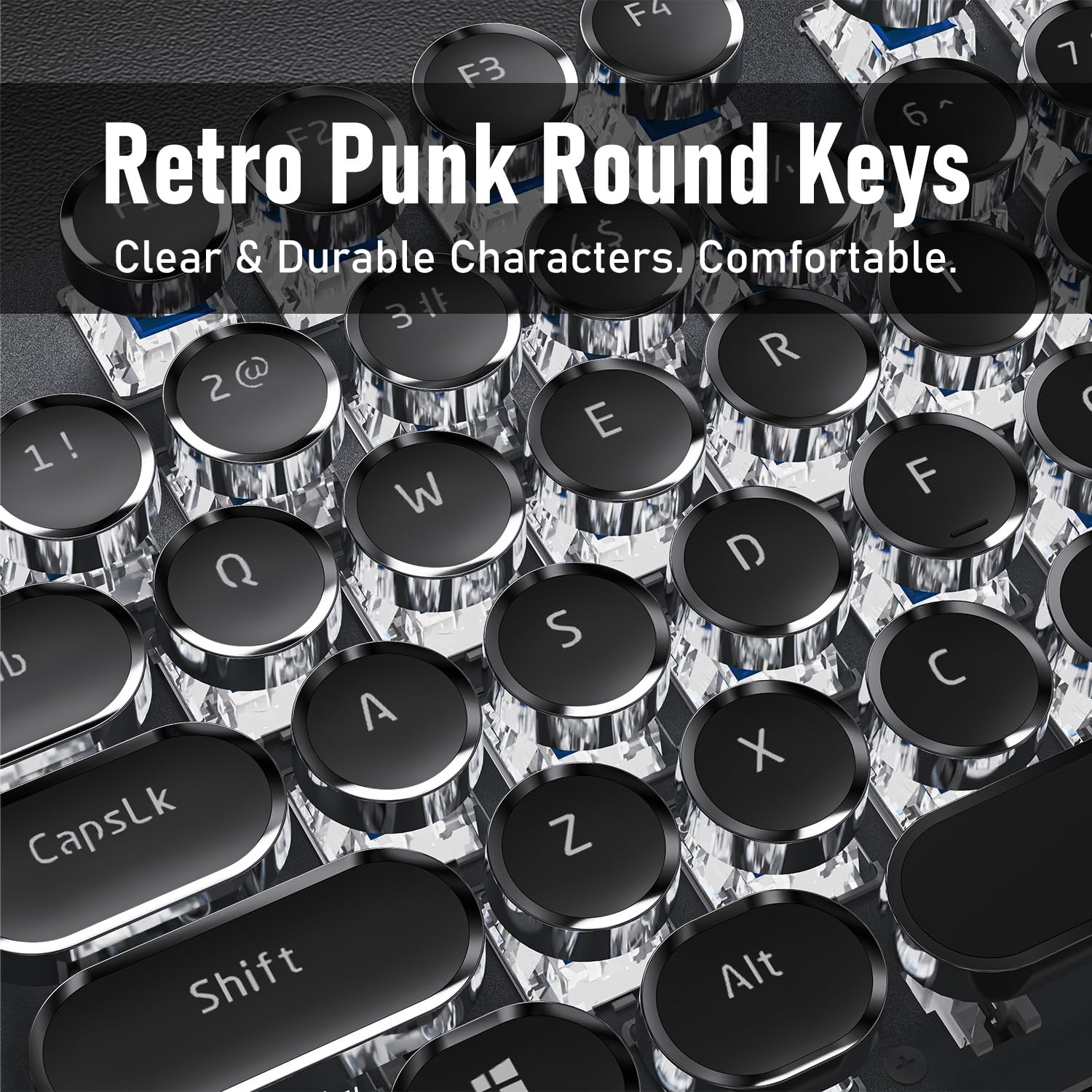 SEUNKWANG Typewriter Style Mechanical Gaming Keyboard with White Backlit, Wired Retro Punk Computer Keyboard Durable Metal Panel, Clicky Blue Switch, Round Keycaps, Full-size for PC/Desktop/Win, Black