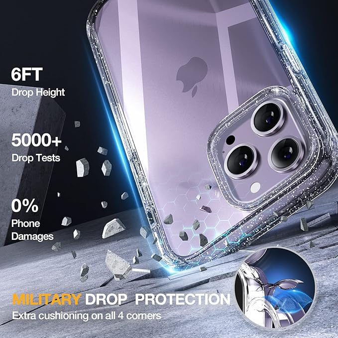 Miracase Glass Series Designed for iPhone 14 Pro Case 6.1 Inch, Upgrade Full-Body Bumper Case with Built-in 9H Tempered Glass Screen Protector, with Camera Lens Protector, Glitter Clear