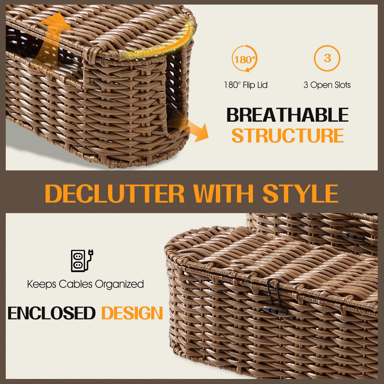 FairyHaus Cable Management Box 2Pack Brown, Handwoven Large and Small Cable Organizer Box Cover to Hide Cords and Power Strip, Imitation Wicker Cord Organizer Box Hider for Office Desk and Floor