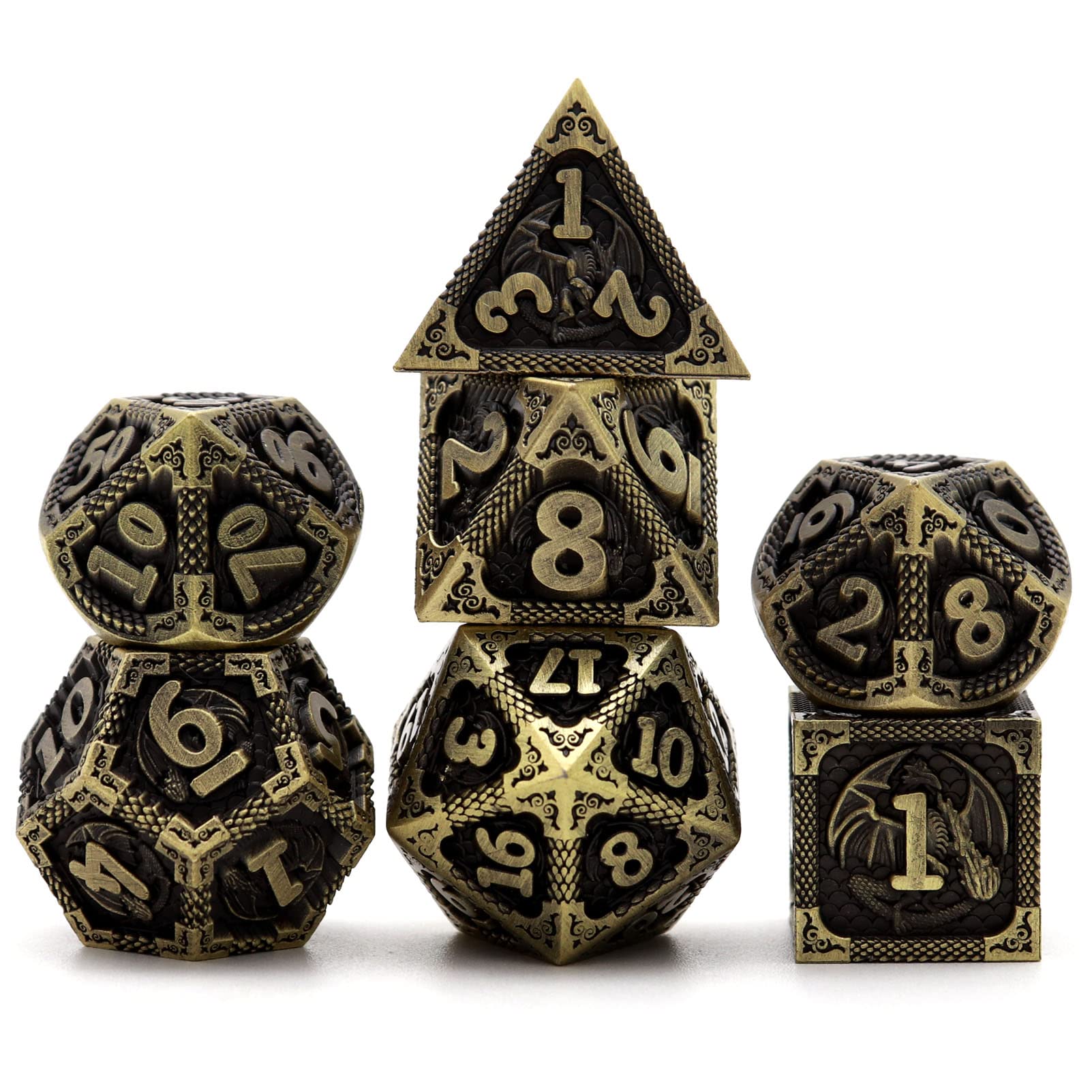 PJOY D&D Dice Set Dragon Metal DND Dice Set Antique Bronze with Case for RPG Role Playing Games Compatible with Dungeons and Dragons Gift TTRPG