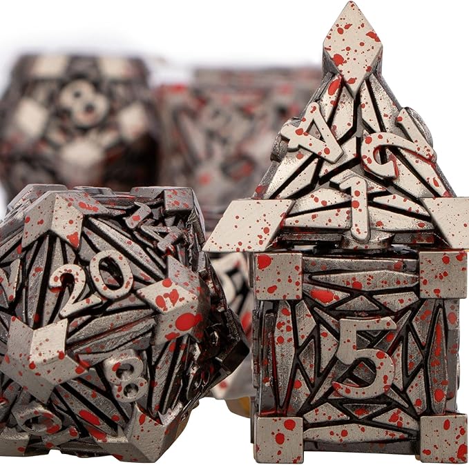 7PCS Metal DND Dice Set with Box, Debris RPG Blood Spatter D and D Dice for use with D&D Tabletop Games Role Playing Game Polyhedral Dice Set D20 D12 D10 D8 D6 D4