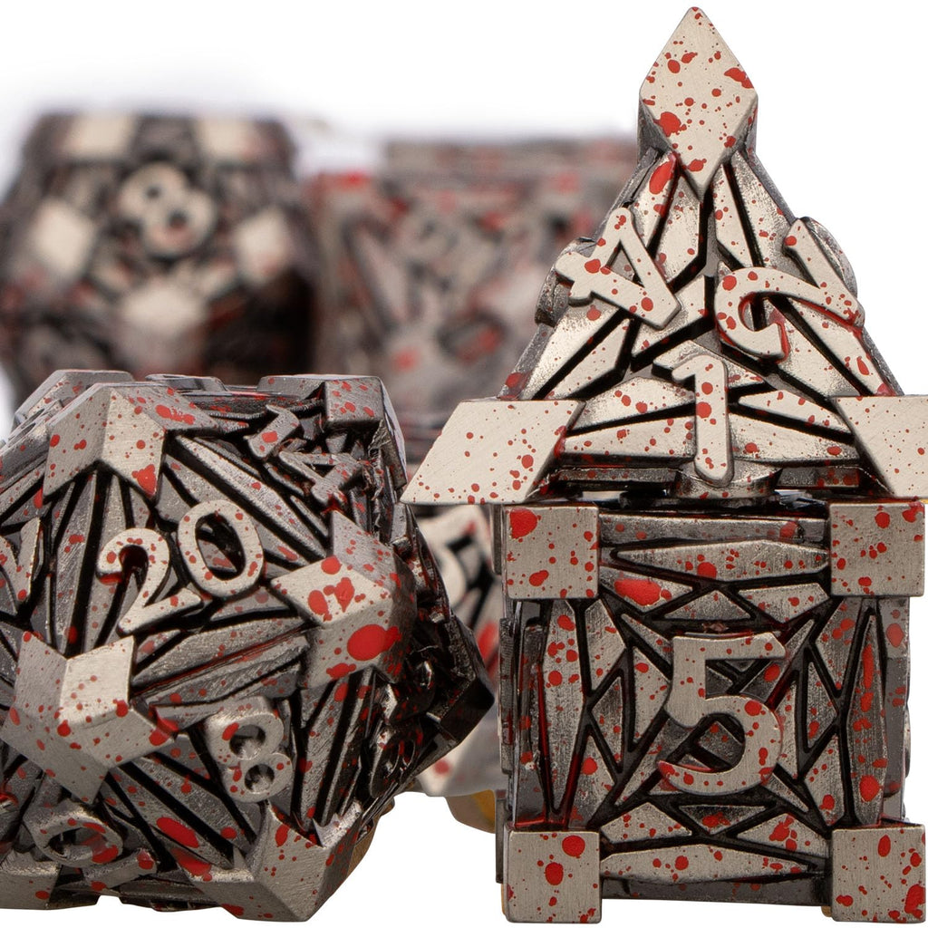 ORIFANTOU 7PCS Metal DND Dice Set with Box, Debris RPG Blood Spatter D and D Dice for use with D&D Tabletop Games Role Playing Game Polyhedral Dice Set D20 D12 D10 D8 D6 D4