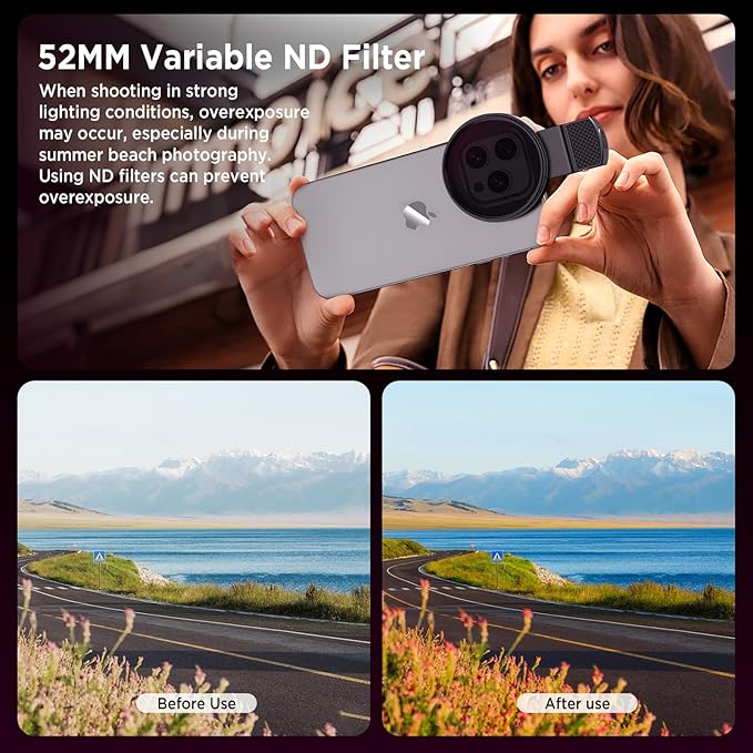 52mm Variable ND2-ND400 Filter with Upgraded Phone Clip, Neutral Density Filter Lens for iPhone 16/15/14/13 Pro Max Samsung Moto Google TCL, HD Double-Sided Multi-Coated Glass