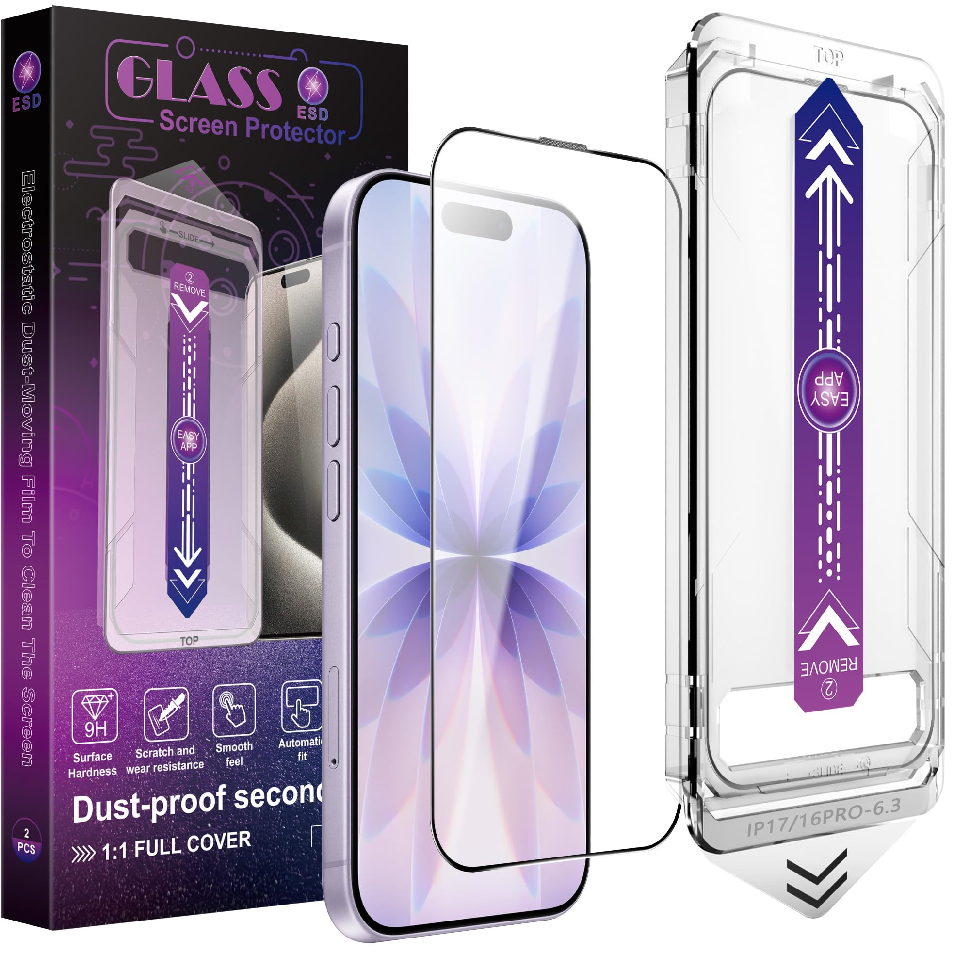 SHANG PIN JIA 2 Pack Tempered Glass Screen Protector for iPhone 17/16 Pro 6.3-Inch with Auto Dust Removal, No Bubbles, High Definition Clear, Easy Installation