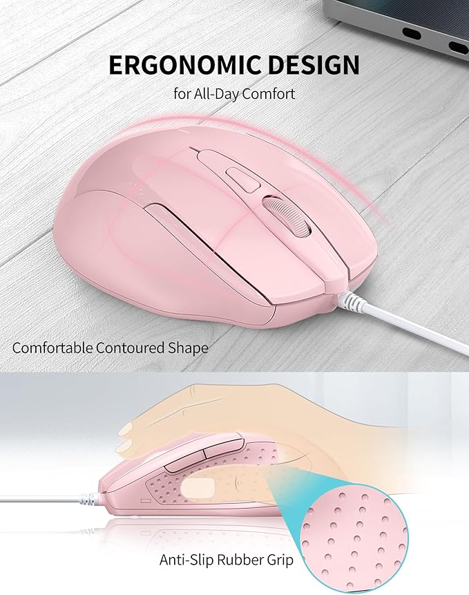 TECKNET Wired Mouse, 6-Button Corded with 4 Adjustable DPI, Optical Ergonomic Design, 5FT Cord for Laptop, Chromebook, PC, Desktop, Mac, Notebook - Pink