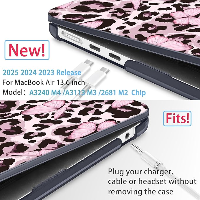 Mektron for 2025 M4 MacBook Air 13.6 Inch A3240 Case Fits 2023 A2681 M2 2024 A3113 M3 Chip with Liquid Retina Display Touch ID, Printed Plastic Hard Shell for MacBook Air 13.6", Leopard Pink Butterfly