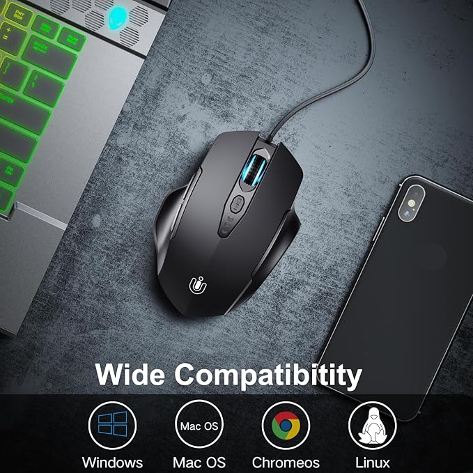 Wired Mouse, USB Mouse Wired with 6 Buttons Ergonomic Design,1.5M USB Cable Computer mice 7200DPI Optical Mice for PC Laptop, Matte Black