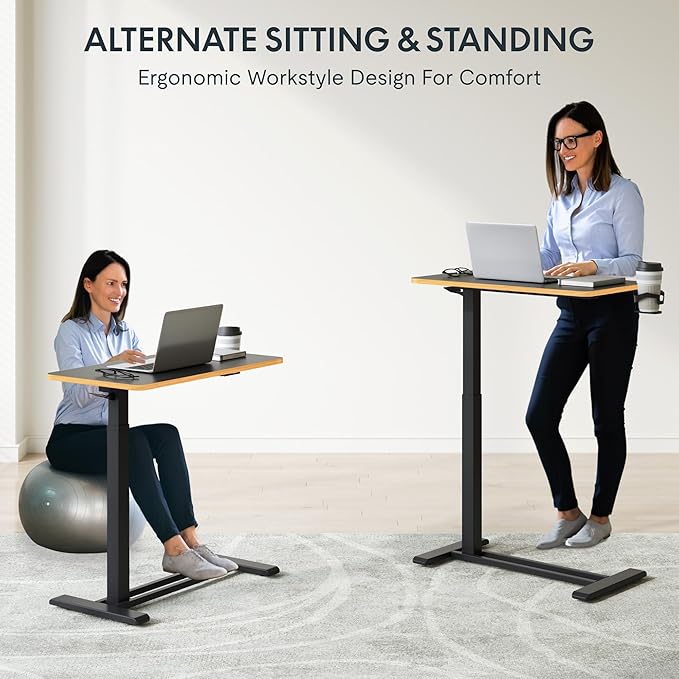 FLEXISPOT Mobile Standing Desk with Wheels Pneumatic Laptop Desk Rolling Computer Cart Movable Height Adjustable Small Sit Stand Desk Computer Workstations Home Use（31.5" W x 17.7" D, Black+Maple