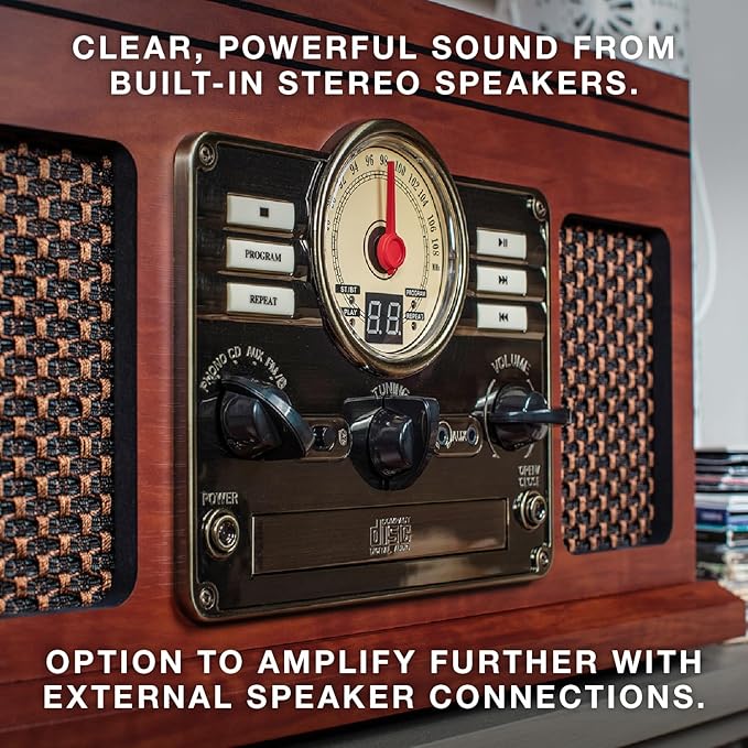 Victrola The Quincy 6-in-1 Bluetooth Record Player & Multimedia Center with Built-in Speakers – 3-Speed Turntable, CD & Cassette Player, AM/FM Radio, Wireless Music Streaming (Grey Wood)