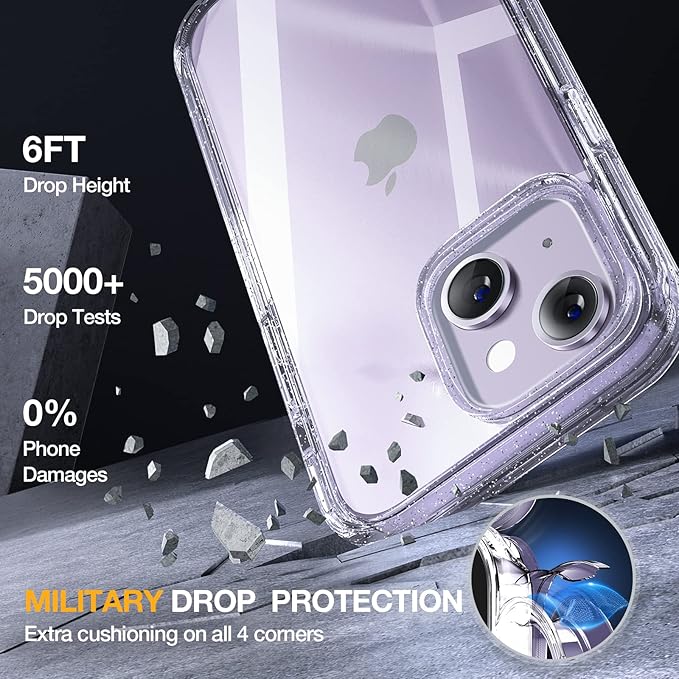 Miracase Designed for iPhone 14 Case 6.1 inch, [Built-in Tempered Glass Screen Protector] [Bubble Free] Full-Body Protective Bumper Phone Case with Camera Lens Protector, Clear Glitter