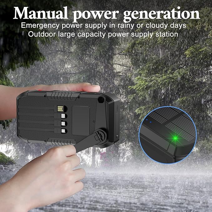 Solar Power Bank 66800mAh Built in Hand Crank and 4 Cables 22.5W Fast Charge,Camping Essentials/SOS/Strobe/Strong Flashlights,Compass Solar Portable Charger Power Bank (Black)