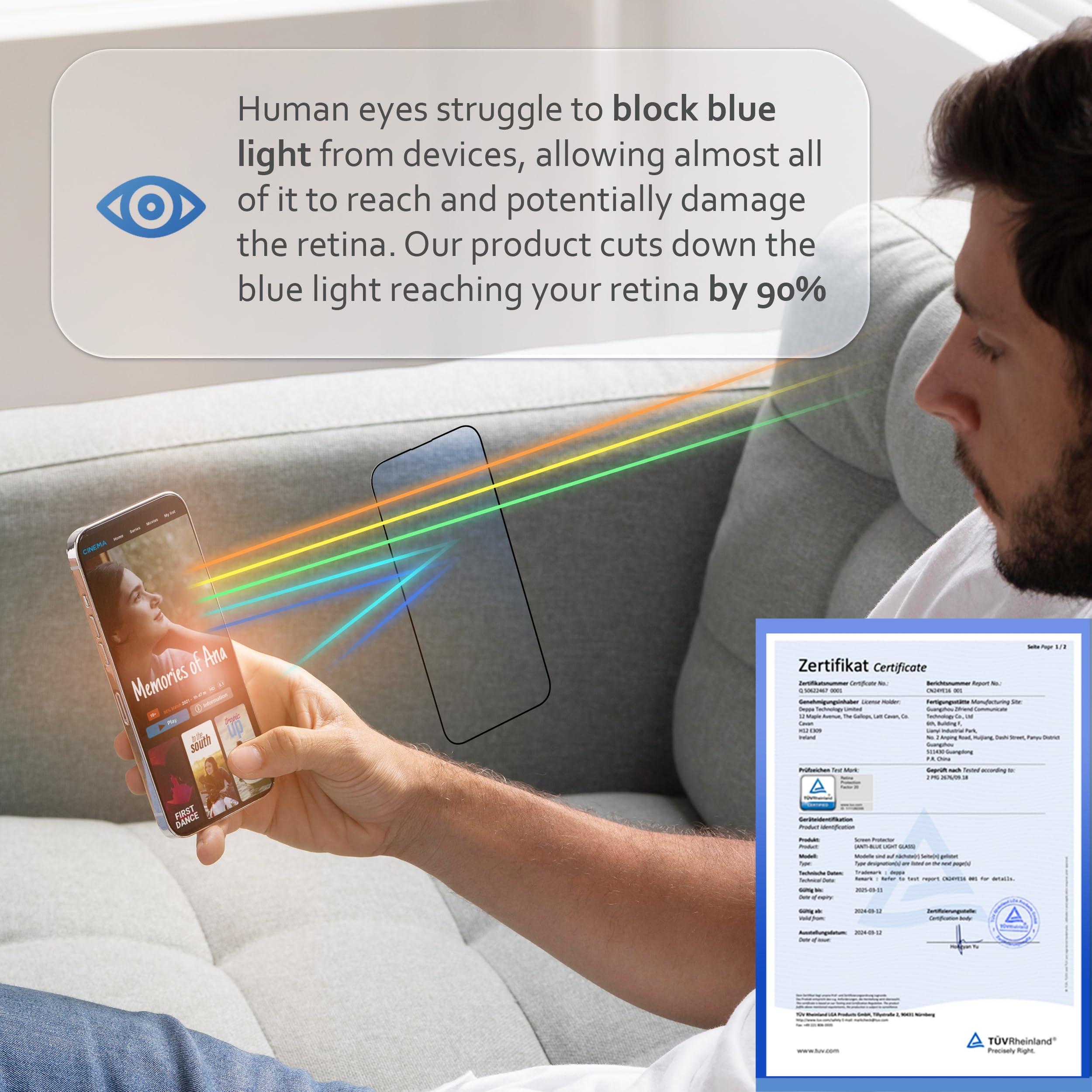 Deppa |2 Pack| Anti-Blue Light Screen Protector for iPhone 15 Pro Max (6.7") | Scratch Resistant Tempered Glass | 3D Edge to Edge Coverage | Easy Installation Kit | Eye Safeguard TÜV Certified