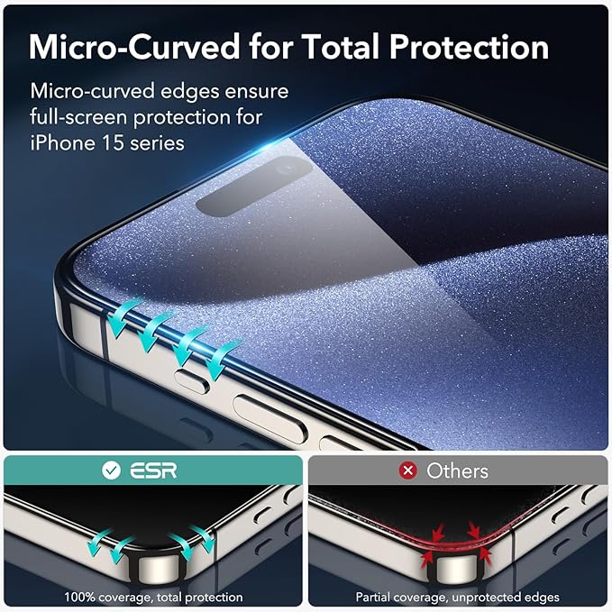 ESR 3+2 Pack for iPhone 15 Pro Max Screen Protector, [9H Hardness] [Military Grade Shatterproof] Full Coverage Ultra-tough Tempered Glass Film, Easy Installation Frame, 2 Set of Camera Lens Protector