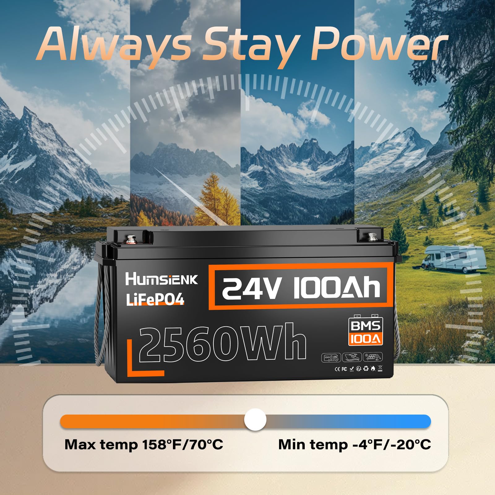 HumsiENK 24V 100Ah LiFePO4 Lithium Battery, Built-in 100A BMS with Low-Temp, 15000+ Deep Cycles 10 Years Lifespan, 2560Wh Lithium Iron Phosphate Battery, for RV, Trolling Motors, Off-Grid, Marine
