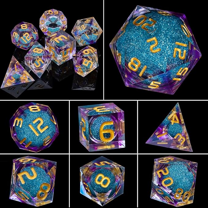 ARUOHHA Liquid Core DND Dice Set, 7pcs Resin Sharp Edged Dice RPG Purple Polyhedral D and D Dice with Gift Box, Role Playing Dice Set D20 D12 D10 D8 D6 D4
