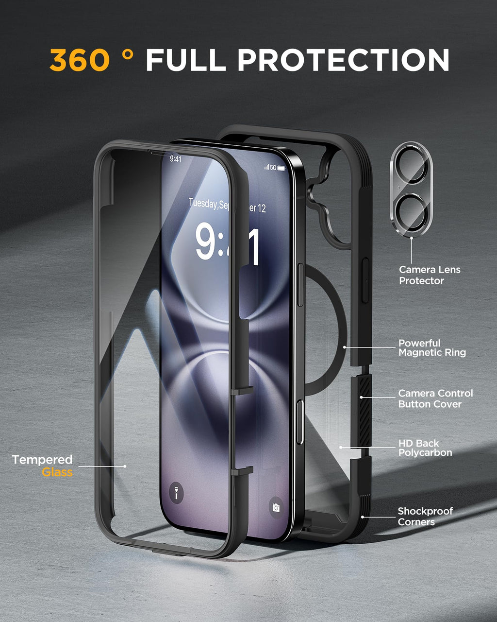 Miracase Magnetic for iPhone 16 Plus Case Full-Body Phone with Built-in Glass Screen Protector, [Compatible with MagSafe] Military Drop Proof 16 Plus Cover Bumper 6.7 inch, Black