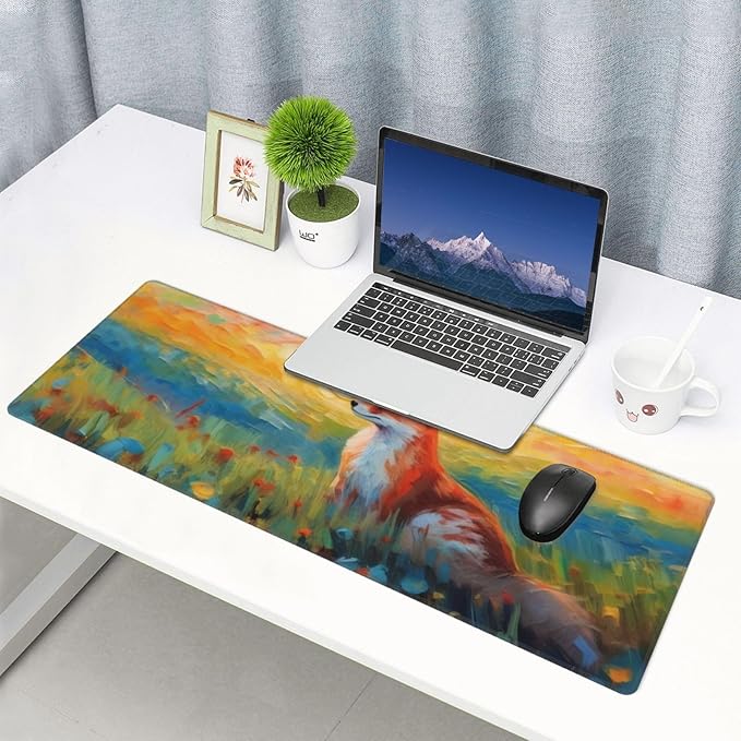 Gaming Mouse Pad, Large Non-Slip Rubber Base Mousepad, Keyboard Mouse Mat, Desk Pad with Stitched Edges, 31.5x11.8inch, Fox