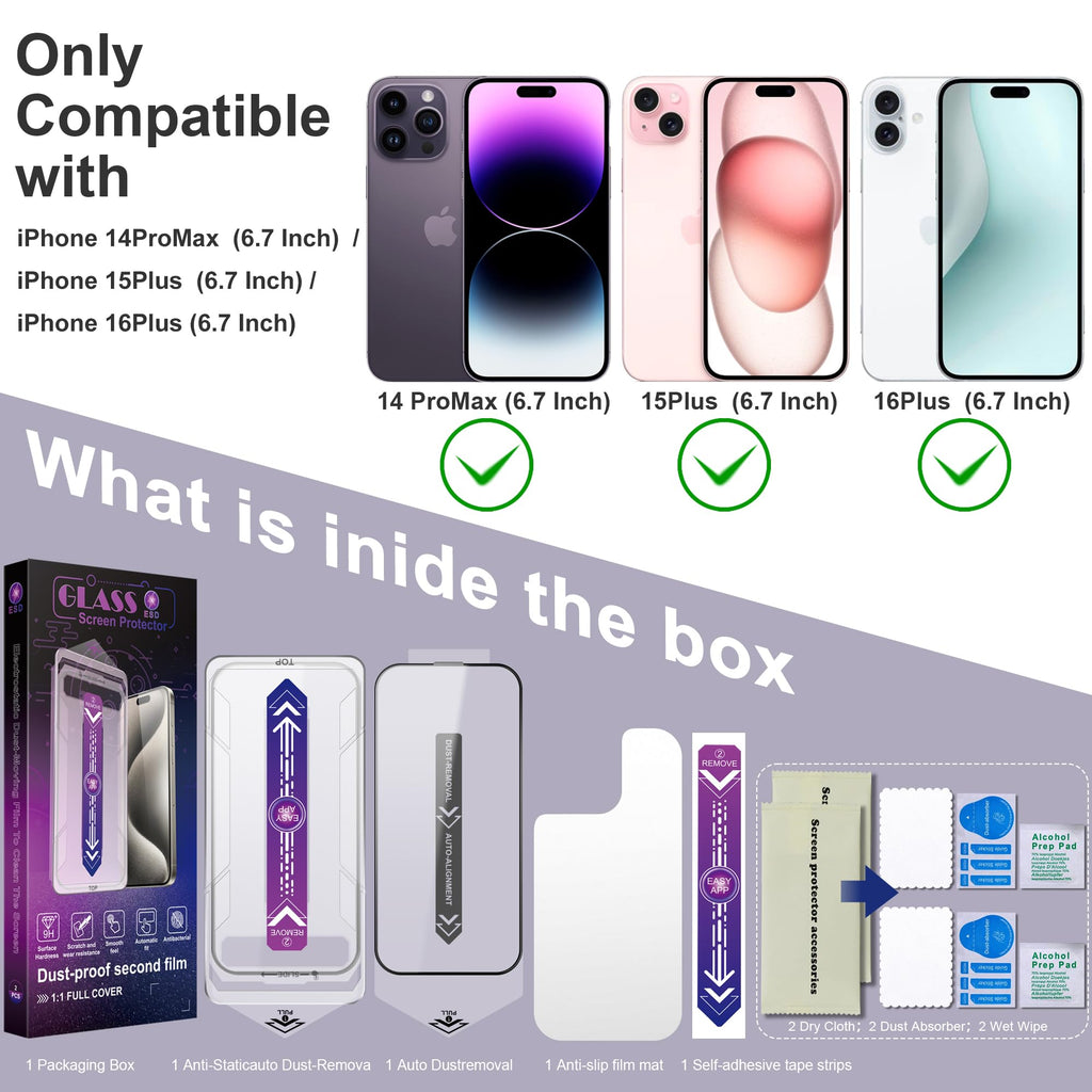CHRYSHA 2-Pack Screen Protector Tempered Glass for iPhone 16 Plus and iPhone15 Plus and iPhone 14 Pro Max 6.7-Inch, Auto Dust Removal, No Bubbles, High Definition Clear, Easy Installation