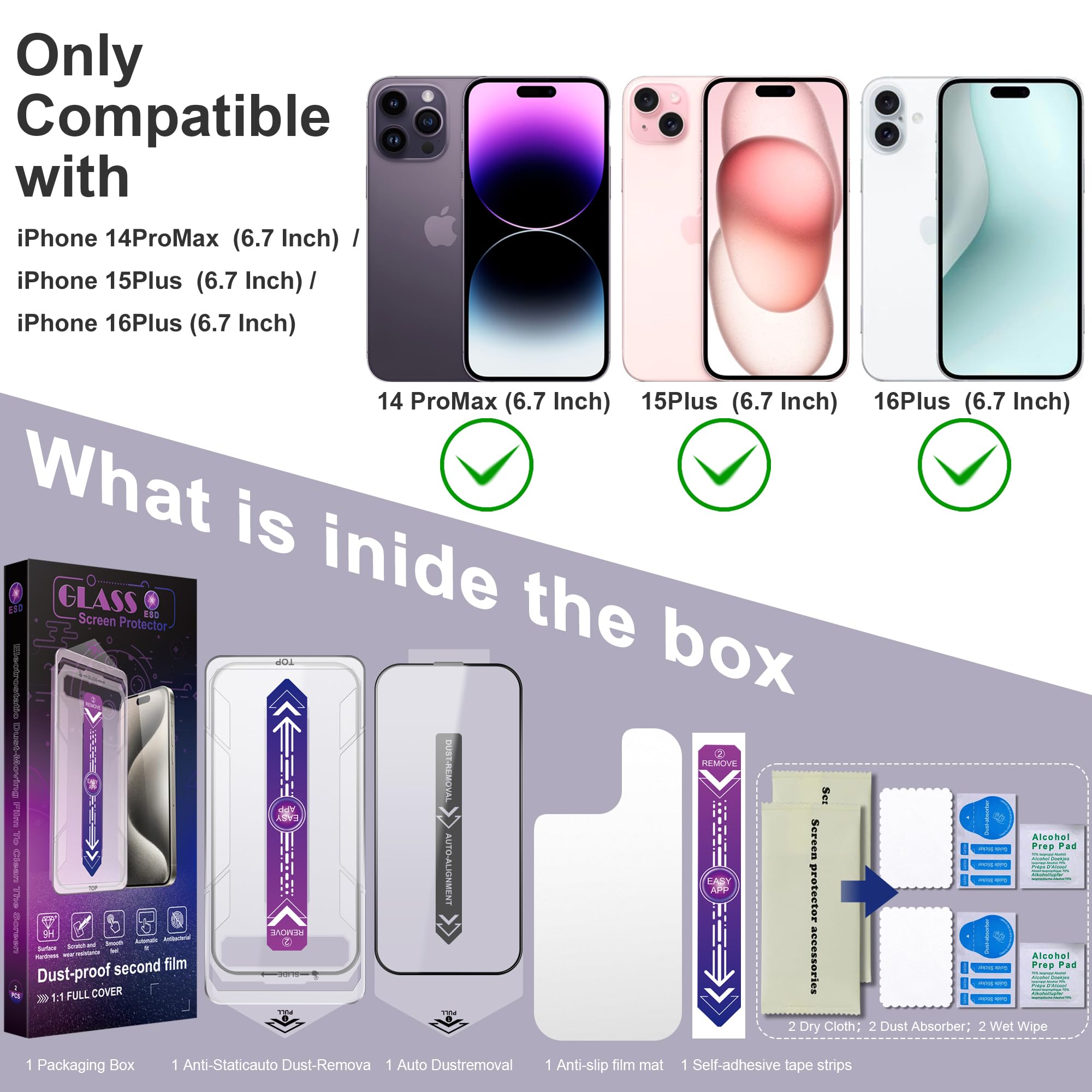 CHRYSHA 2-Pack Screen Protector Tempered Glass for iPhone 16 Plus and iPhone15 Plus and iPhone 14 Pro Max 6.7-Inch, Auto Dust Removal, No Bubbles, High Definition Clear, Easy Installation