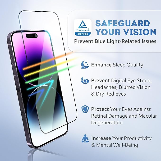 Deppa |2 Pack| Anti-Blue Light Screen Protector for iPhone 14 Pro (6.1')| Scratch Resistant Tempered Glass | 3D Edge to Edge Coverage | Easy Installation Kit | Eye Safeguard TÜV Certified