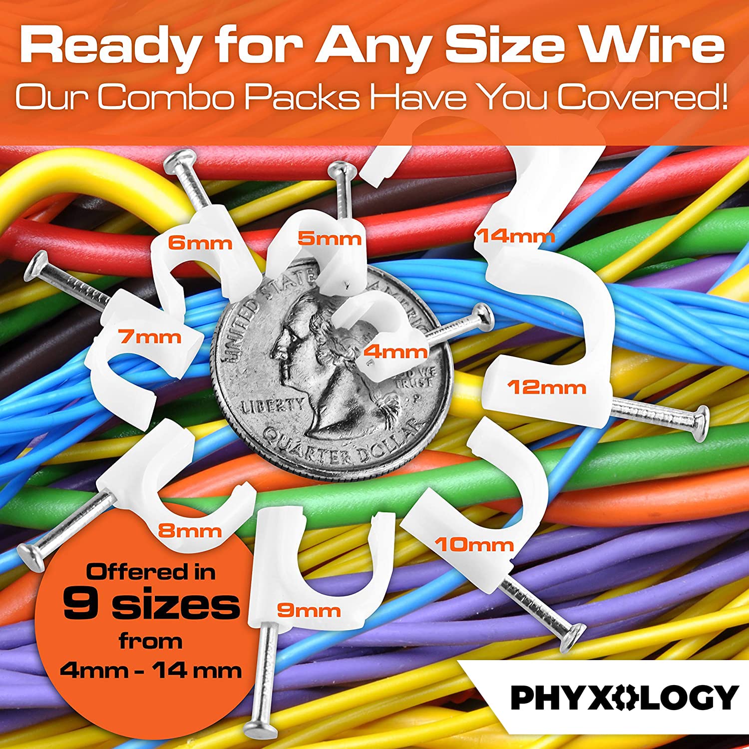 Pro-Grade, Cable Clips with Steel Nails 5mm, 7mm, 9mm Wire Holders and Tacks 100 Per Size. Durable, Easy Install, UV Resistant Plastic Clips to Organize Coax, Ethernet, Cat5, Cat6 and Other Cords.