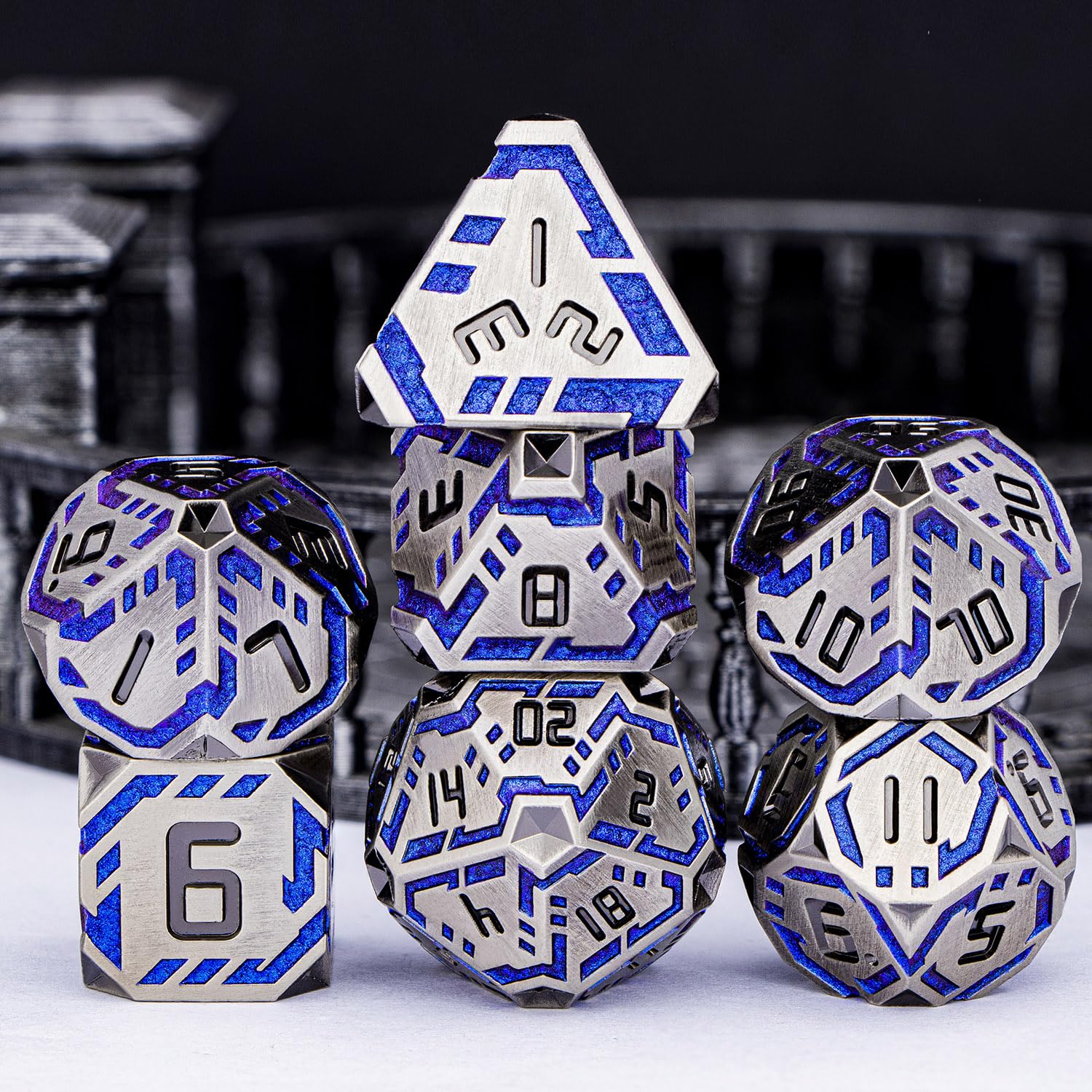 OGCOPHEN Metal DND Sci-fi Dice Set 7PCS Stripe Polyhedral Dice for Dungeons Dragons RPG Role Playing Game, Glitter D and D Dice with Gift Box D6 D8 D10 D12 D20 (Blue Purple&Grey)