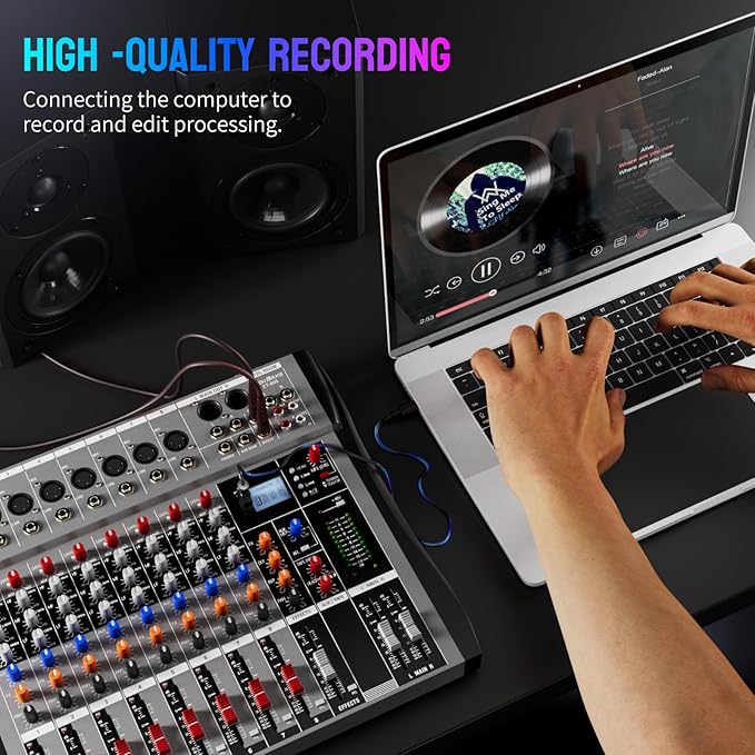 Professional DJ Audio Mixer, 12 Channel Audio Mixer, Bluetooth Sound Mixer, USB Interface, 12 XLR Mic/Line Input, AUX, FX Processor MP3, Headphone,+48V Phantom For Karaoke Studio Streaming Recording