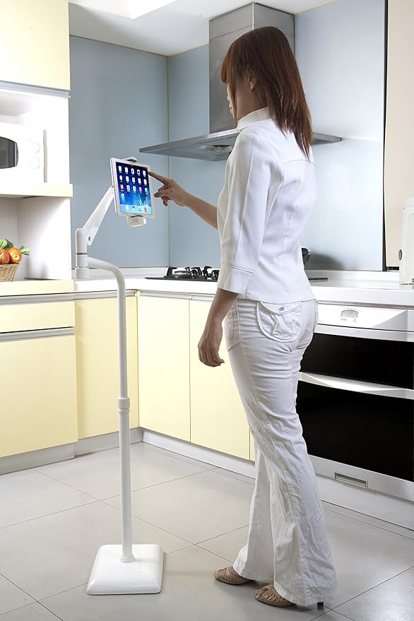 IDEE Tablet Floor Stand with 10lb Heavy Duty Base, 360 Degree Adjustable Tall Holder for Bed Compatible up to 13inch Kindles, iPads, and Tablets, White