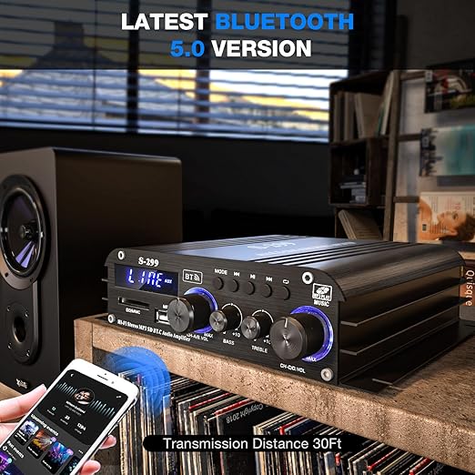 Facmogu S-299 4.1CH Bluetooth Power Amplifier with Active Subwoofer Output (NOT Passive Subwoofer), Max 800W RMS 40Wx4 Subwoofer Amplifier Hi-Fi Integrated Mini Speaker Amp Audio Sub Bass Amp