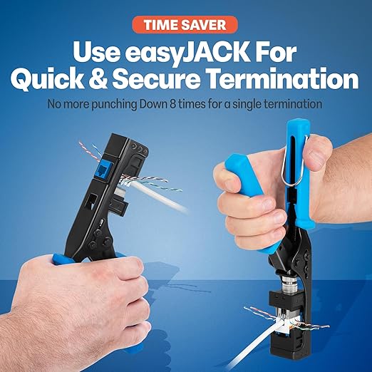 Everest easyJACK - 90° Angled Speed Termination Keystone Tool Set - with 20-Pack of RJ45 Cat6 Keystone Jacks in Blue (Slim Profile Design) - Time Saver Network Punch Down Tool Cat6
